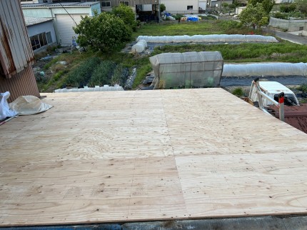 屋根東　野地板増張り